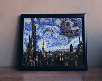 STAR WARS Inspired A Starry Wars Night Art Print - 8x10, 11x14 Painting, Van Gogh, SciFi Movie, Gift for Home, Wall Art, Impressionist Style