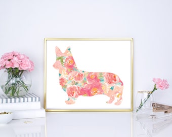 Corgi watercolor print, nursery wall decor, corgi pet portrait, corgi puppy, corgi floral print, floral watercolor corgi 8x10 print, 16x20