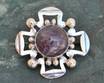 Mexico 925 Sterling Silver Very Vintage Cross Pendant Amethyst Cabochon Inlay