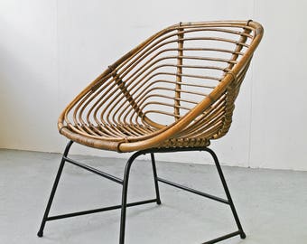 Vintage Wicker Woven Cane Chair by Dirk van Sliedrecht for Rohe Noordwolde Dutch Black Metal Frame Patio Terrace Garden Studio Loft Folk MCM