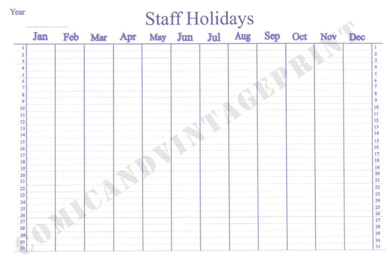 Re-usable Staff Holiday Planner for 2017 and Beyond A4 Size