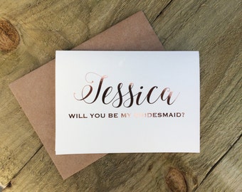 Personalised rose gold 'will you be my bridesmaid' card, rustic wedding