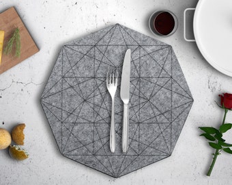 Hexagon Felt Placemat, Gray Fabric Placemat, Round Circle Table Linen, Geometric Circular Tablecloth, Nordic Scandinavian Minimal Decor