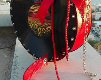 Vinyl Record Purse-Vegan Leather Bag-Vinyl Bag-Record Purse-Vegan Bag-Sunflower Bag-Record Bag-Vinyl Purse-Vegan Purse-Flower Bag-Mamma Mia