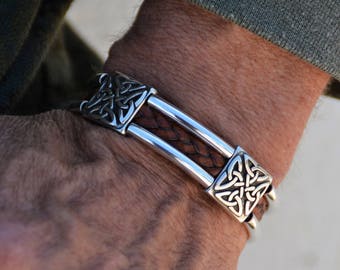 mens celtic jewelry braided genuine leather bracelet irish silver symbol gaelic cross wrist wrap brown leather trinity celtic knot cuff