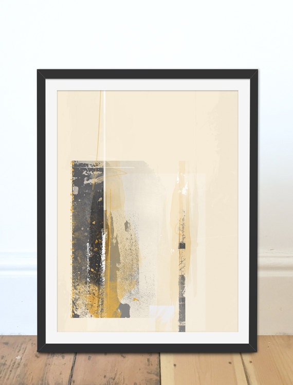 Grey Abstract & Mustard Yellow Art Print. Gold Toned Abstract