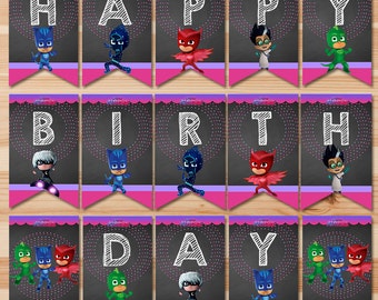 PJ Masks Birthday Banner - Pink Chalkboard - Girl PJ Masks Banner - PJ Masks Birthday Girl Party - Pj Masks Party Printable Happy Birthday