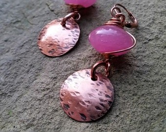 Hammered Copper Dangles with Wire Wrapped Dusty Rose Pink Bead//Gifts for Her//Rustic Copper Dangles//Earrings//Boho Earrings//Dangles/Drops