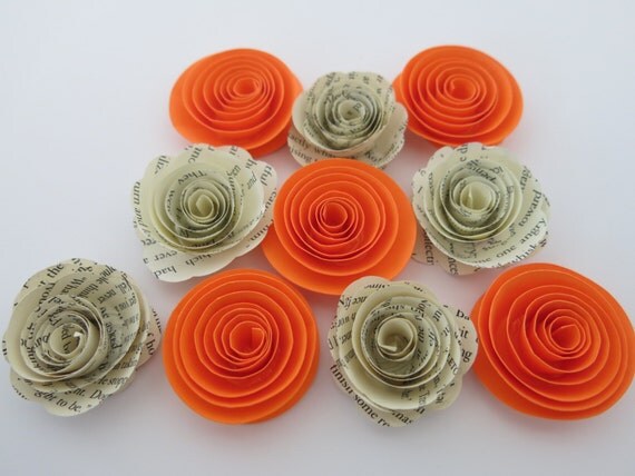 S Neon Orange Paper Flowers And Book Page Roses Set Of 10