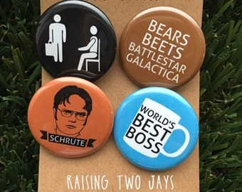 The Office TV Show Buttons - Dwight Schrute, Michael Scott, Dunder Mifflin, Jim Halpert, The Office Gift, The Office Pins, Magnets or Pins