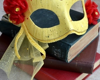 Belle, Beauty and the Beast Masquerade Ball, Handmade Paper-Mache Masque; Disney-Inspired Princess Yellow Gold & Bright Red Costume Dress-up