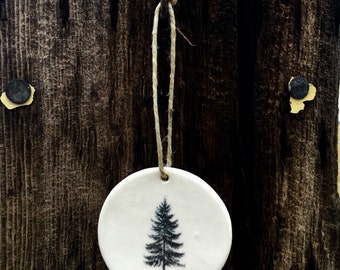 Round Unique Evergreen Tree Christmas Ornaments Handmade, Artisan Christmas Ornaments, Handmade Christmas Ornaments, White Ceramic Ornaments
