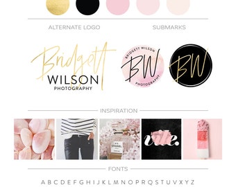 Pink Watercolor Branding Package, Photography Logo, Makeup Artist Logo Branding Kit, Gold Watercolor Logo Design, Fashion Blog Business Logo