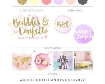 Watercolor Branding Package, Gold Glitter Logo Design, Premade Branking Kit Confetti Logo Photography Logo Boutique Event Planner Logo Stamp