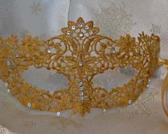 Gold Diamante Lace Masquerade Mask Gold Satin Ribbons- Weddings, New Years, Valentine's Day Gift, Masked Balls, Proms, Christmas Party