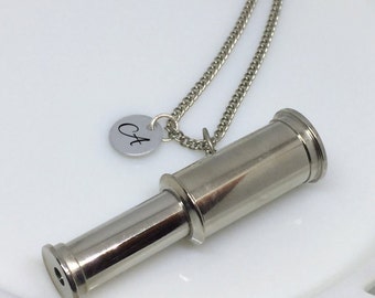 Telescope Necklace, Silver Telescope Necklace, Silver Telescope, Engraved Necklace, Engraved Jewelry, Telescope Charm, Christmas Gift