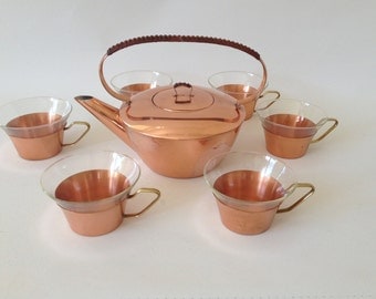 Copper tea service from 1 teapot & 6 tea cups, mid century modern tea service, copper glass brass basket