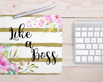 Like a Boss Mouse Pad | Gold Mouse Pad, Mouse Pad Quote, Floral Mouse Pad, Cute Mouse Pad, Office Supplies, Desk Decor, School Supplies