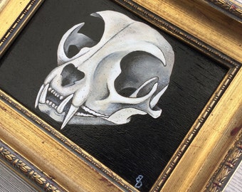 cat skull crane de chat painting peinture originale cabinet de curiosité cadre doré vintage