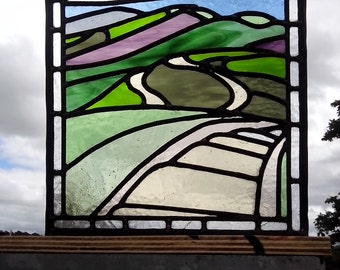 Stained glass panel of Malvern Hills, Worcestershire. Perfect gift for a Malvern fan.