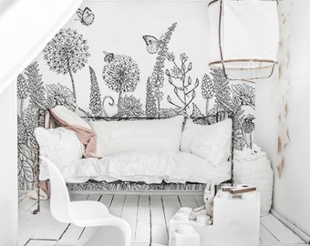 Sketch flowers removable wallpaper, Black and white floral wall mural, Wall Decal Art, Home Decor, Wall murals #66