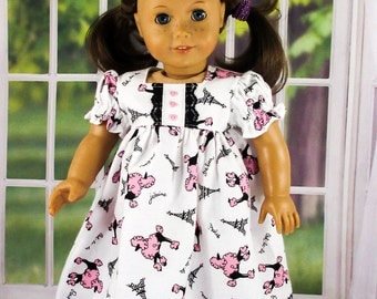 Nightgown For 18 inch Doll, Doll Clothes, Doll PJ's, Fits American Girl, Pink Poodles In Paris, Pajamas, Flannel Nightgown, Free Shipping