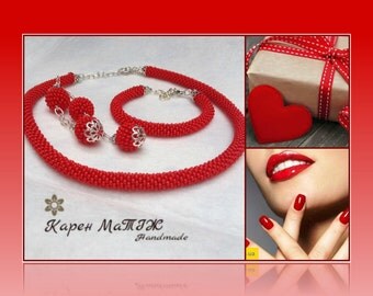 Bead crochet necklace Red Patchwork