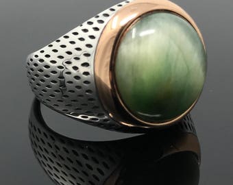 Handmade .925 Sterling Silver Rare Green Tiger's Eye Men's Ring -US Seller - K42B
