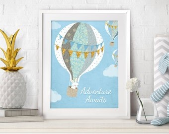 Nursery Wall Art, Nursery Prints, Nursery Printable, Adventure Awaits, Nursery Balloon Art, Boy Prints, Balloons, Blue Nursery Baby Wall Art