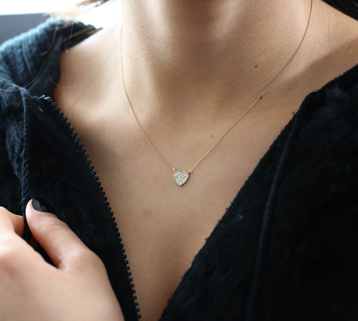 14K Solid Gold Heart Diamond Necklace/ Heart Shaped Diamond Pendant in 14k Gold/ Pave Heart Necklace/ Love Pendant/  Heart Charm