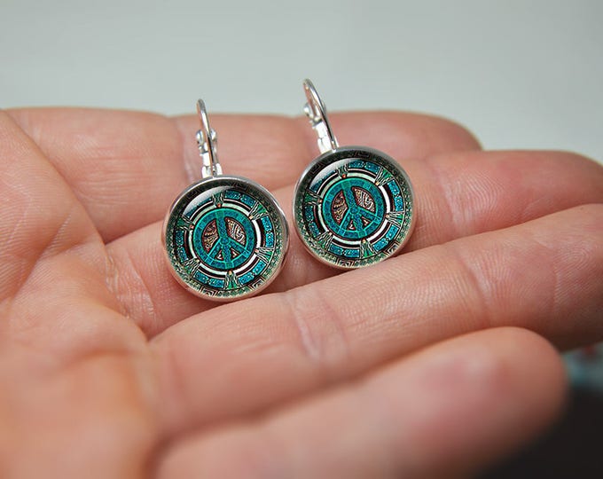 Peace earrings, peace sign earrings, leverback earrings, colorful earrings, glass dome earrings, sun and moon earrings, jewelry gift for her