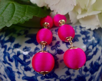 Hot Pink Bon Bon Earring, Silk Thread Wrapped Three Ball Earring, Pom Pom Earring