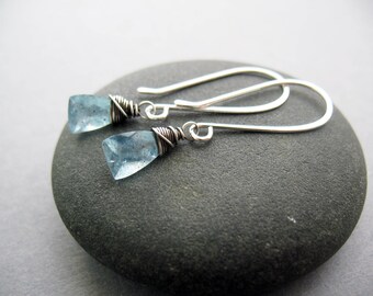 Moss Aquamarine Earrings, Wife Gift, March Birthstone, Gift for Her, Triangle Earrings, Everyday Earrings, Wire Wrapped, Sterling Silver