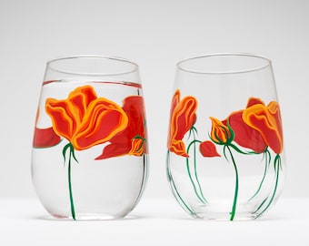 Best Seller California Poppy Stemless Wine Glasses - Hand Painted Wine Glasses Mothers Day Gift Set of 2 glasses California Poppies ON SALE