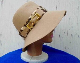 Vintage Seventies Floppy Beige Wool Hat with Faux Leopard Band Trim / Adolfo 2 New York Paris