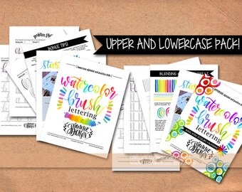 Upper and Lower Case Alphabet Watercolor Brush Lettering worksheets + Practice Drills plus Tips - PDF File Only