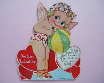 Vintage Unused Mechanical Valentine's Day Card Pixie Girl in Bathing Suit with Beach Ball