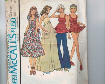 1970s Vintage Sewing Pattern McCalls 4469 Misses Sundress or Ruffled Top and Panties Size 10 Bust 32 1/2 1975 70s