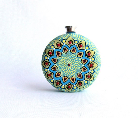Round Flask: Hand Painted 10 fl oz Stainless Steel flask Wedding gift Groomsman Groom Yellow and blue