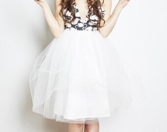 Swan print tulle dress, party dress, prom dress, tulle bridesmaid dress, ballerina dress, swan lake, black swan, reception dress