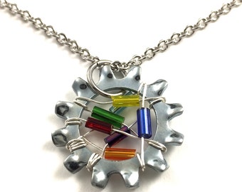 Steampunk Statement Necklace Pendant Wire Wrapped Multi Color Beaded Hardware Jewelry Industrial Star Washer