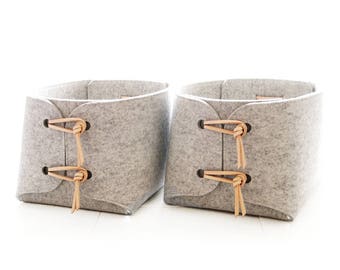 Storage Baskets with natural Leather details - Two large storage baskets - storage bins - storage box - minimalist felt laundry hampers