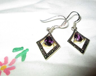 EARRINGS - MARCASITES - AMETHYST - Dangle - Fish Hooks - 925 -Sterling Silver Earrings419