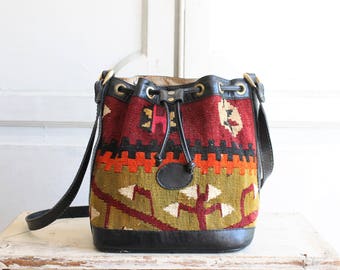 vintage woven kilim carpet bag | leather crossbody