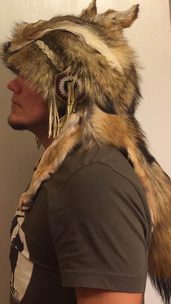 Native American beaded coyote coonskin hat Authentic Native