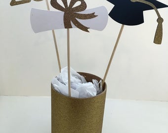 3 Graduation Centerpiece Sticks 2017 Grad Cap Diploma Class of '17 Graduation Party Open House Glitter Silver, Gold, Red, Blue, Green Purple