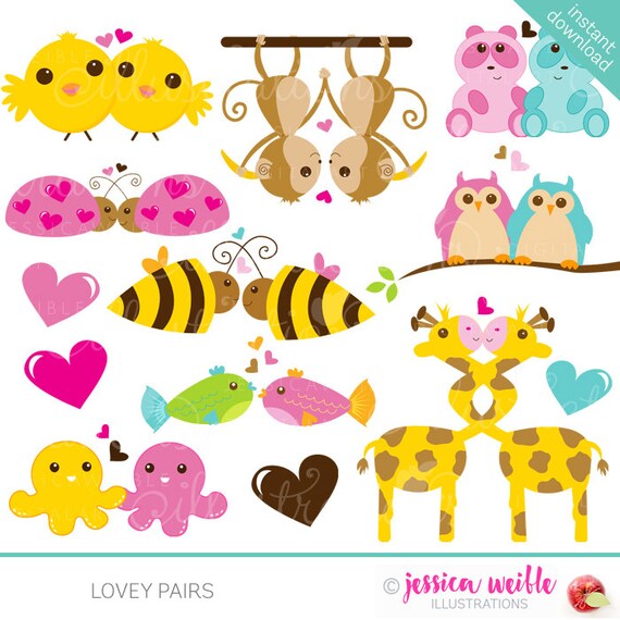 Lovey Pairs Cute Digital Clipart - Commercial Use OK - Cute Valentine Clipart, Valentine Graphics, Animal Pair Il_570xn