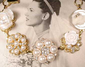 OOAK Vintage Earring Bracelet, White Ivory Pearl Rhinestone Gold Bridal Bracelet, Bridesmaid Wedding Gift Modern Something Old Romantic