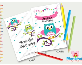 6 Owl Coloring Books, First Birthday Party , Personalized Party Favors, Forest Owl Coloring Book A1294