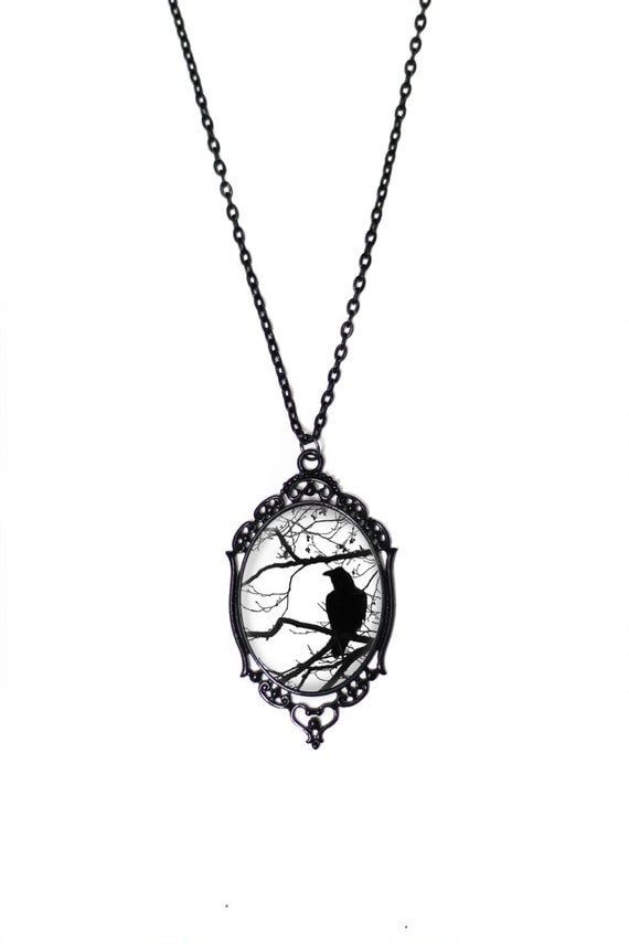 Black & White Raven and Tree Cameo Necklace with Black Filigree Frame on 18" Chain by ProjectPinup steampunk buy now online